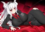  1girl black_tail business_suit demon_girl demon_tail formal hairband helltaker highres horns lucifer_(helltaker) lulu-chan92 lying on_side red_eyes smile solo spiked_hairband spikes suit tail white_horns 