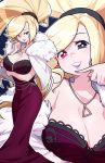  1girl artist_name black_background blonde_hair breasts bright_pupils cleavage dress fur_collar heterochromia highres hilda_(under_night_in-birth) jewelry large_breasts long_hair looking_at_viewer lyn_(shunao) multiple_views necklace red_eyes simple_background under_night_in-birth very_long_hair white_pupils 