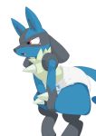  2020 anthro bent_over black_body black_fur blue_body blue_fur bodily_fluids chest_spike diaper fangs fur hand_spike hi_res lucario narrowed_eyes nintendo nyanyakotarou open_mouth pok&eacute;mon pok&eacute;mon_(species) red_eyes simple_background solo spikes squint standing tears touching_diaper video_games white_background 