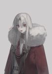  1boy absurdres bishounen blood blood_from_mouth coat eyebrows_visible_through_hair eyes_visible_through_hair florists_daisy fur-trimmed_coat fur_trim grey_background grey_hair highres ivan_iv_(florists_daisy) long_hair male_focus original parted_lips red_eyes red_lips signature simple_background solo upper_body vampire 
