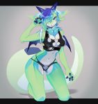  &lt;3 2020 4_fingers anthro bangs blep blue_hair blue_horn blue_tongue bra breasts chest_tuft cleavage cleavage_cutout clothed clothing countershading fangs female fingers full-length_portrait fur gradient_hair green_body green_fur green_hair hair hi_res horn kemono kneeling latex_clothing letterbox long_hair looking_at_viewer midriff multicolored_hair navel noikros one_eye_obstructed open_mouth paws portrait purple_hair purple_horn raised_arm rubber solo teal_hair thong tongue tongue_out tuft underwear unknown_species white_body white_countershading white_fur white_hair wings 