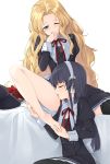  2girls alfin_reise_arnor black_hair black_legwear blonde_hair blue_eyes blush closed_eyes eiyuu_densetsu elise_schwartzer feet hairband hakuleg legs licking long_hair multiple_girls pantyhose school_uniform sen_no_kiseki simple_background thighhighs very_long_hair white_background yuri 