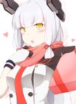  1girl blush breasts chocolate heart kantai_collection medium_breasts mikkirun murakumo_(kantai_collection) necktie orange_eyes remodel_(kantai_collection) scarf solo valentine white_hair 