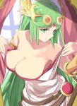  1girl bangs belt breasts cleavage clip_studio_paint_(medium) commentary commentary_request dress dressing forehead_jewel goddess green_eyes green_hair hanging_breasts highres jewelry kid_icarus kid_icarus_uprising large_breasts light_smile long_hair looking_away multiple_belts palutena parted_bangs pendant sagging_breasts side_slit smile solo strapless strapless_dress swept_bangs tiara tomas_(kaosu22) vambraces very_long_hair white_dress 