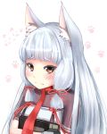  1girl animal_ears bangs blunt_bangs blush cat_ears hair_ribbon highres kantai_collection long_hair murakumo_(kantai_collection) paw_background remodel_(kantai_collection) ribbon sidelocks silver_hair solo tress_ribbon very_long_hair yoshino_(yoshino-yoshii) 