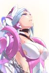  1girl blood blood_from_mouth blood_on_face breasts cleavage eyebrows_visible_through_hair highres looking_up mecha_musume mechanical_ears original purple_eyes white_hair zhe_feng_yi 