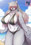  anthro areola areola_slip big_breasts bikini blush breasts canid canine canis cleavage clothed clothing curvy_figure eye_through_hair female fur grey_body grey_fur grey_hair hair hair_over_eyes hi_res huge_breasts kemono kikunoya long_hair looking_at_viewer mammal multicolored_body multicolored_fur nipple_outline nipples open_mouth pink_areola seaside simple_background solo standing swimwear thick_thighs translucent translucent_hair two_tone_body two_tone_fur voluptuous white_body wolf 