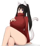  1girl animal_ear_fluff animal_ears arm_support black_hair bottomless breasts cat_ears cat_girl cat_tail clip_studio_paint_(medium) commentary crossed_legs english_commentary hand_on_own_chest highres krita_(medium) large_breasts long_hair looking_at_viewer no_pants noihara_himari omamori_himari open_mouth purple_eyes red_sweater sitting slit_pupils solo sumairuzu sweater tail thighs 