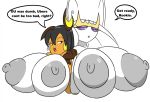  anthro big_breasts breast_size_difference breasts duo english_text female grey_nipples huge_breasts igphhangout nintendo nipples pheromosa pok&eacute;mon pok&eacute;mon_(species) rachel_the_raichu_(igph) raichu simple_background speech_bubble text ultra_beast video_games white_background 