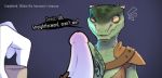  argonian bethesda_softworks clothing cokesero comic deeja dialogue english_text erection female genitals human imminent_sex interspecies male male/female mammal penis scalie simple_background surprise text the_elder_scrolls torn_clothing video_games 