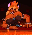 animal_humanoid big_breasts block blonde_hair bowser bowsette_meme bracelet breast_punch breasts cleavage clothed clothing collar crown droll3 dungeon duo female hair hi_res horn huge_breasts human humanoid jewelry jumping koopa koopa_humanoid lava looking_down macro male mammal mario mario_bros meme nintendo platform punching scalie scalie_humanoid shake_it spiked_bracelet spiked_collar spikes super_crown tanned_skin tongue tongue_out video_games 