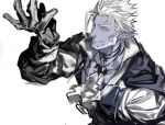  1boy blue_skin earrings facial_hair fang frischenq gilzaren_iii gloves jewelry male_focus nijisanji photoshop_(medium) pointy_ears red_eyes simple_background sketch slit_pupils smile solo upper_body vampire white_background white_hair 