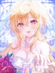  1girl bare_shoulders blonde_hair blush bouquet breasts bridal_veil bride cleavage collarbone dress eyebrows_visible_through_hair eyelashes fangs flower hair_over_eyes highres holding holding_bouquet idolmaster idolmaster_cinderella_girls idolmaster_cinderella_girls_starlight_stage jewelry kurosaki_chitose large_breasts long_hair looking_at_viewer necklace nekoremon outstretched_hand parted_lips pearl_(gemstone) pov pov_hands red_eyes ring rose smile solo_focus strapless strapless_dress veil wedding_dress wedding_ring white_dress 