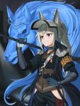 1girl absurdres animal_ears arknights english_commentary grani_(arknights) grey_hair grin highres hip_vent holding holding_weapon horse horse_ears horse_girl horse_tail mekolee police police_uniform policewoman purple_eyes shoulder_guard smile solo tail thigh_cutout uniform weapon 
