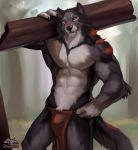  5_fingers abs anthro arm_tuft biceps biped bulge canid canine canis clothed clothing elbow_tufts fangs fenris_(zephyxus) fingers fur grass grey_body grey_fur grey_tail holding_object loincloth looking_at_viewer male mammal multicolored_body multicolored_fur multicolored_tail muscular muscular_anthro muscular_arms muscular_male pecs pubes scar simple_background smile solo standing teeth topless tree triceps tuft white_body white_fur wolf wood zephyxus 