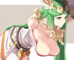  1girl arched_back arms_behind_back bangs belt breasts cleavage clip_studio_paint_(medium) commentary commentary_request dress dressing forehead_jewel goddess green_eyes green_hair grey_background hanging_breasts jewelry kid_icarus kid_icarus_uprising large_breasts light_smile long_hair looking_away multiple_belts palutena parted_bangs pendant sagging_breasts side_slit simple_background smile solo strapless strapless_dress swept_bangs thighhighs tiara tomas_(kaosu22) two-tone_background vambraces very_long_hair white_background white_dress 