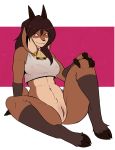  anthro anus athletic athletic_female bell bell_collar big_ears bottomless bovid bra breasts brown_body brown_fur brown_hair caprine clothed clothing cloven_hooves collar ear_piercing ear_ring female fur genitals goat hair hi_res hooves horn long_ears long_hair mammal munks_(artist) piercing pussy red_eyes smile solo sports_bra underwear 