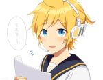  1boy bass_clef black_collar blonde_hair blue_eyes collar commentary headphones headset holding holding_paper kagamine_len light_blush light_smile looking_at_viewer male_focus nail_polish nokuhashi open_mouth paper sailor_collar shirt short_ponytail solo speech_bubble spiked_hair translated upper_body vocaloid white_background white_shirt yellow_nails 