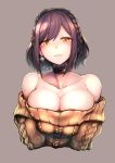  1girl alternate_hairstyle aran_sweater bangs bare_shoulders blush braid breast_squeeze breasts brown_background brown_choker brown_hair choker cleavage collarbone commentary cropped_torso crown_braid earrings eyebrows_visible_through_hair glint head_tilt heart highres jewelry kagami_uekusa large_breasts looking_at_viewer nijisanji off-shoulder_sweater off_shoulder purple_hair shizuka_rin short_hair simple_background smile solo sweater upper_body v_arms wavy_hair yellow_eyes 