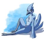  2020 anthro avian beak bird blue_background blue_body blue_feathers breasts chest_tuft enginetrap feathers featureless_breasts female hi_res light lighting looking_at_viewer non-mammal_breasts nude shadow simple_background sitting solo tuft white_background 