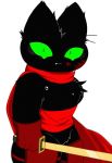  anthro black_body black_fur blood bodily_fluids cape cartoon_network clothing crying digitigrade domestic_cat felid feline felis fur green_eyes hi_res katana male mammal mao_mao:_heroes_of_pure_heart melee_weapon nemhippie red_clothing sheriff_mao_mao_mao solo surprise sword tears weapon 