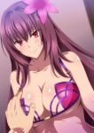  1girl bangs bare_shoulders bikini blush breast_grab breasts cleavage closed_mouth collarbone fate/grand_order fate_(series) flower grabbing guided_breast_grab hair_between_eyes hair_intakes hera_(hara0742) hibiscus highres large_breasts long_hair looking_at_viewer purple_bikini purple_hair red_eyes scathach_(fate)_(all) scathach_(swimsuit_assassin)_(fate) smile solo_focus swimsuit 