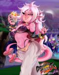  absurd_res android_21 anthro beerus big_breasts breasts cleavage clothed clothing doughnut dragon_ball dragon_ball_fighterz dragon_ball_super duo ear_piercing ear_ring felid feline female food hi_res humanoid majin_android_21 male mammal navel navel_piercing not_furry_focus outside piercing pink_body solo_focus tudduls wide_hips 