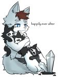  2018 3:4 anthro black_body black_fur blue_eyes bodily_fluids brown_hair canid canine canis changed_(video_game) crystal embrace fchicken feral fur goo_creature group hair hug lin_(changed) male mammal mask rubber simple_background tears text white_background white_body white_fur wolf 