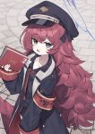  1girl armband black_coat black_hat black_shirt black_skirt blue_archive blurry blurry_background book brick_floor coat collarbone commentary_request halo hat highres holding holding_book iroha_(blue_archive) light_blush necktie open_clothes open_coat open_mouth peaked_cap purple_eyes purple_halo red_armband red_necktie shirt skirt sleeves_past_wrists slit_pupils solo wagashi928 wavy_hair 