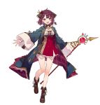  1girl :d absurdres ahoge atelier_(series) atelier_sophie_2 blue_coat blush boots braid breasts brown_eyes brown_footwear center_frills coat collared_coat flower frills full_body hair_flower hair_ornament highres holding holding_staff jewelry long_coat long_sleeves looking_at_viewer necklace noco_(adamas) official_art open_mouth red_flower red_hair red_rose red_skirt ribbon rose second-party_source short_hair side_braid simple_background skirt small_breasts smile solo sophie_neuenmuller staff standing standing_on_one_leg white_background wide_sleeves 