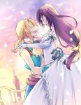  1boy 1girl aqua_vest arm_around_waist arms_around_neck ascot bare_shoulders belt bird blonde_hair blue_pants breasts bridal_gauntlets brown_belt brown_hair closed_eyes detached_sleeves dove dress falling_petals final_fantasy final_fantasy_ix garnet_til_alexandros_xvii gloves grey_gloves hair_tie happy_tears highres long_dress long_hair low-tied_long_hair low_ponytail medium_breasts medium_hair monkey_tail open_mouth pants parted_bangs petals quichi_91 shirt sleeveless sleeveless_shirt smile strapless strapless_dress tail tears white_ascot white_dress white_petals white_shirt wrist_cuffs zidane_tribal 