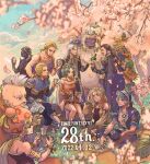  3girls 6+boys animal_print anniversary armlet armor black_jacket blonde_hair blue_cape breasts brothers cape celes_chere cherry_blossoms cup cyan_garamonde dated detached_sleeves dress edgar_roni_figaro everyone facial_hair falling_petals fangs fangs_out final_fantasy final_fantasy_vi gau gogo green_hair grey_hair hair_ribbon head_scarf head_wreath highres holding holding_cup indian_style jacket jewelry kneeling leopard_print locke_cole long_hair low_ponytail mask medium_breasts mohawk mouth_mask multiple_boys multiple_girls muscular ninja ninja_mask outdoors parted_bangs petals pink_petals polka_dot polka_dot_legwear red_dress red_sleeves relm_arrowny ribbon sabin_rene_figaro scar scar_on_face scar_on_forehead setzer_gabbiani shirt short_hair shoulder_armor siblings sitting sleeveless sleeveless_shirt smile strago_magus strapless strapless_dress stubble sweatdrop terra_branford tube_dress twins uedymummy0921 umaro wavy_hair yellow_sleeves yeti_(creature) 