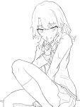  1girl :p absurdres blazer cardigan closed_mouth commentary_request dress_shirt eyelashes finger_to_mouth fingernails hair_between_eyes hand_on_floor hand_up highres index_finger_raised isshiki_iroha jacket knee_up kneehighs lineart long_bangs long_sleeves looking_at_viewer mecha_kaku_man medium_hair miniskirt monochrome neck_ribbon open_clothes open_jacket partial_commentary pleated_skirt ribbon school_uniform shirt shushing sitting skirt sobu_high_school_uniform socks solo thighs tongue tongue_out yahari_ore_no_seishun_lovecome_wa_machigatteiru. 