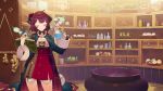  1girl atelier_(series) atelier_sophie_2 blue_coat book bottle bowl cauldron closed_eyes closed_mouth coat collared_coat cowboy_shot crystal detached_collar doyagao erlenmeyer_flask flask garlic highres holding holding_book holding_flask hourglass indoors long_sleeves mushroom noco_(adamas) official_art open_book plant potted_plant red_hair red_skirt round-bottom_flask second-party_source shelf short_hair skirt smile smoke smug solo sophie_neuenmuller sparkle standing 