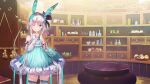  1girl ;) absurdres animal_ears atelier_(series) atelier_sophie_2 bare_shoulders blue_bag blue_dress bow bowl cauldron closed_mouth cowboy_shot crystal detached_sleeves dress erlenmeyer_flask fake_animal_ears flask green_eyes hand_on_own_chin hand_up highres indoors long_hair long_sleeves looking_at_viewer mushroom official_art one_eye_closed plachta plant potted_plant purple_bow round-bottom_flask second-party_source shelf sleeveless sleeveless_dress smile solo standing thighhighs very_long_hair white_thighhighs yuugen 