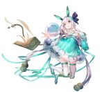  1girl :o absurdres atelier_(series) atelier_sophie_2 bare_shoulders blue_dress blue_footwear blue_hairband book bow detached_sleeves dress floating floating_object full_body green_eyes hair_bow hairband hand_up highres long_hair long_sleeves looking_at_viewer official_art open_book open_mouth outstretched_arm plachta purple_bow second-party_source shoes simple_background solo thighhighs transparent_background very_long_hair white_thighhighs yuugen 