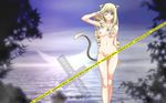  adilisia_lenn_mathers animal_ears blonde_hair breasts cat_ears drill_hair green_eyes highres jewelry long_hair medium_breasts non-web_source nude one_eye_closed pendant rental_magica solo tail wallpaper 