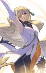  1girl arm_up armpits bare_shoulders black_pants blonde_hair breasts coat commentary_request cowboy_shot cynthia_(arc_suit)_(pokemon) cynthia_(pokemon) detached_sleeves floating_hair fur-trimmed_coat fur-trimmed_sleeves fur_trim gem green_gemstone grey_eyes hair_ornament hair_over_one_eye highres long_hair looking_at_viewer official_alternate_costume one_eye_covered pants parted_lips pokemon pokemon_masters_ex sleeveless sleeveless_coat small_breasts solo very_long_hair white_coat white_sleeves xia_(ryugo) 