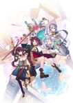  4girls :d :o absurdres ahoge animal_ears artist_collaboration atelier_(series) atelier_sophie_2 belt blue_belt blue_coat blue_dress boots breasts brown_eyes brown_footwear brown_hair bug butterfly clothing_cutout coat collared_coat cover detached_sleeves dress dual_persona elbow_gloves fake_animal_ears floating floating_hair full_body gloves green_eyes grey_hair hair_between_eyes high_heels highres holding holding_staff jewelry long_coat long_hair long_sleeves looking_at_viewer low_twintails medium_breasts multiple_girls navel navel_cutout necklace noco_(adamas) official_art open_mouth pink_eyes plachta purple_hair ramizel_erlenmeyer red_hair red_skirt second-party_source short_hair skirt smile sophie_neuenmuller staff twintails upside-down very_long_hair yuugen 