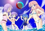  ahoge alternate_hairstyle ball beachball bikini blue_eyes blue_hair braid cloud day green_eyes hiiragi_kagami hiiragi_tsukasa izumi_konata long_hair lucky_star morino_usagi multiple_girls one-piece_swimsuit outdoors pink_hair purple_hair school_swimsuit short_hair sky sun swimsuit takara_miyuki wardrobe_malfunction water 