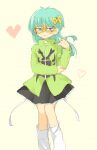  1girl black_skirt bug_print butterfly_hair_ornament genderswap genderswap_(mtf) green_eyes green_hair hair_ornament heart insector_haga long_hair long_sleeves looking_at_viewer loose_socks mochizuki_yomogi round_eyewear skirt smile socks solo standing yellow-framed_eyewear yellow_background yu-gi-oh! yu-gi-oh!_duel_monsters 