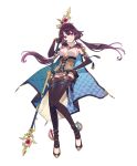 1girl absurdres ahoge atelier_(series) atelier_sophie_2 belt blue_belt blue_cape breasts brown_gloves cape closed_mouth elbow_gloves full_body gloves hand_on_own_hip hand_up highres holding holding_staff leotard long_hair looking_at_viewer low_twintails medium_breasts noco_(adamas) official_art purple_eyes ramizel_erlenmeyer second-party_source simple_background smile solo staff twintails very_long_hair white_background 
