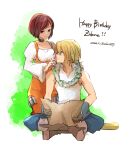  1boy 1girl aqua_eyes bare_shoulders black_choker blonde_hair bob_cut bodysuit boots breasts brown_eyes brown_hair character_name choker dated final_fantasy final_fantasy_ix full_body garnet_til_alexandros_xvii gloves grey_footwear grey_gloves happy_birthday holding holding_map indian_style juliet_sleeves kneeling long_sleeves low_ponytail map medium_breasts monkey_tail orange_bodysuit parted_bangs parted_lips puffy_long_sleeves puffy_sleeves shirt short_hair sitting sleeveless sleeveless_shirt smile tail takase_toho thigh_strap underbust white_shirt wrist_cuffs zidane_tribal 