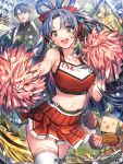  1boy 1girl :d arm_up blue_hair cheerleader clenched_hand gloves hair_ribbon hair_rings headband interitio midriff navel official_art open_mouth ouendan pom_poms red_ribbon red_skirt ribbon skirt smile standing tenka_touitsu_chronicle uniform watermark white_gloves white_headband white_legwear 