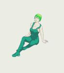  1girl breasts cleavage foo_fighters full_body green_hair green_lipstick invisible_chair jojo_no_kimyou_na_bouken lipstick looking_at_viewer makeup overalls sanosan_desu short_hair sideboob simple_background sitting solo stone_ocean white_background yellow_eyes 