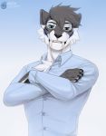  2020 5_fingers anthro black_hair blue_eyes clothed clothing digital_media_(artwork) felid fingers gradient_background hair hi_res looking_at_viewer machairodontine male mammal nerton simple_background smile 