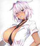  1girl animal_ears bangs black_neckwear blue_eyes blush breasts caenis_(fate) center_opening choker cleavage clenched_teeth collarbone collared_shirt dark_skin fate/grand_order fate_(series) hair_between_eyes hair_intakes highres kurowa large_breasts looking_at_viewer necktie partially_unbuttoned shirt short_hair short_sleeves silver_hair simple_background teeth white_background white_shirt 