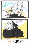  anthro black_body black_fur blue_eyes canid canine canis changed_(video_game) cuddling dream duo fchicken fur lin_(changed) male mammal mask nightmare puro_(changed) sleeping white_body white_fur wolf 