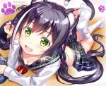  1girl animal_ears black_hair breasts cat_ears cat_tail cleavage fang fujima_takuya green_eyes karyl_(princess_connect!) looking_at_viewer low_twintails lying multicolored_hair on_stomach open_mouth panties pantyshot paw_print plaid plaid_skirt pleated_skirt princess_connect! princess_connect!_re:dive school_uniform serafuku signature skirt small_breasts smile socks soles streaked_hair tail twintails underwear wooden_floor 