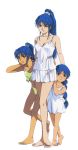  1990s_(style) 3girls barefoot blouse blue_eyes blue_hair hand_on_another&#039;s_hip hand_on_another&#039;s_shoulder heel_raised high_ponytail long_hair low-tied_long_hair mikimoto_haruhiko multiple_girls nataruma navel official_art orguss_02 scan shirt smile standing white_shirt 